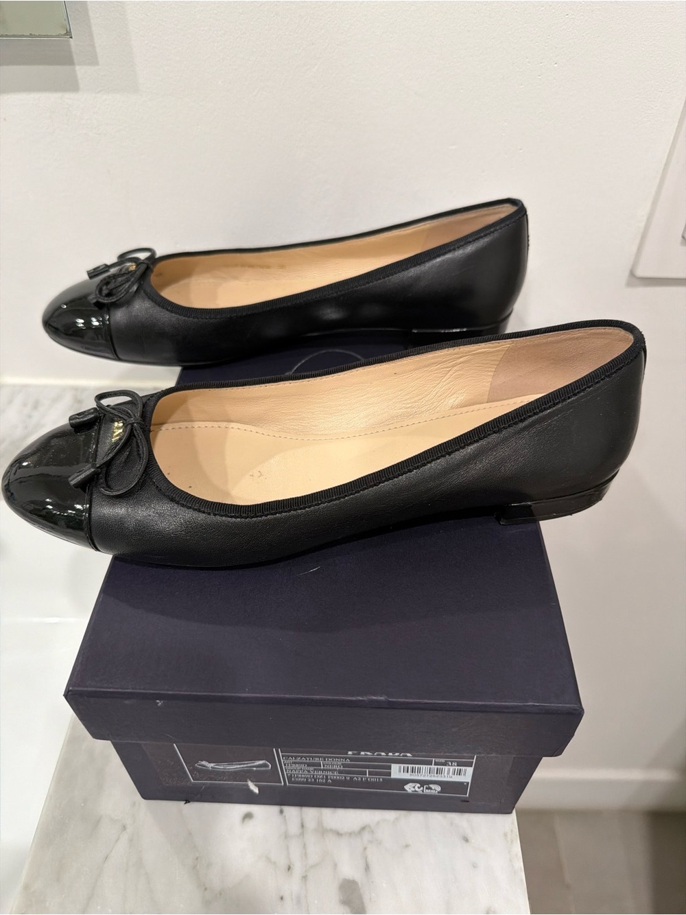 Prada Black Leather Ballet Flats with Patent Cap Toe - Picture 3 of 6